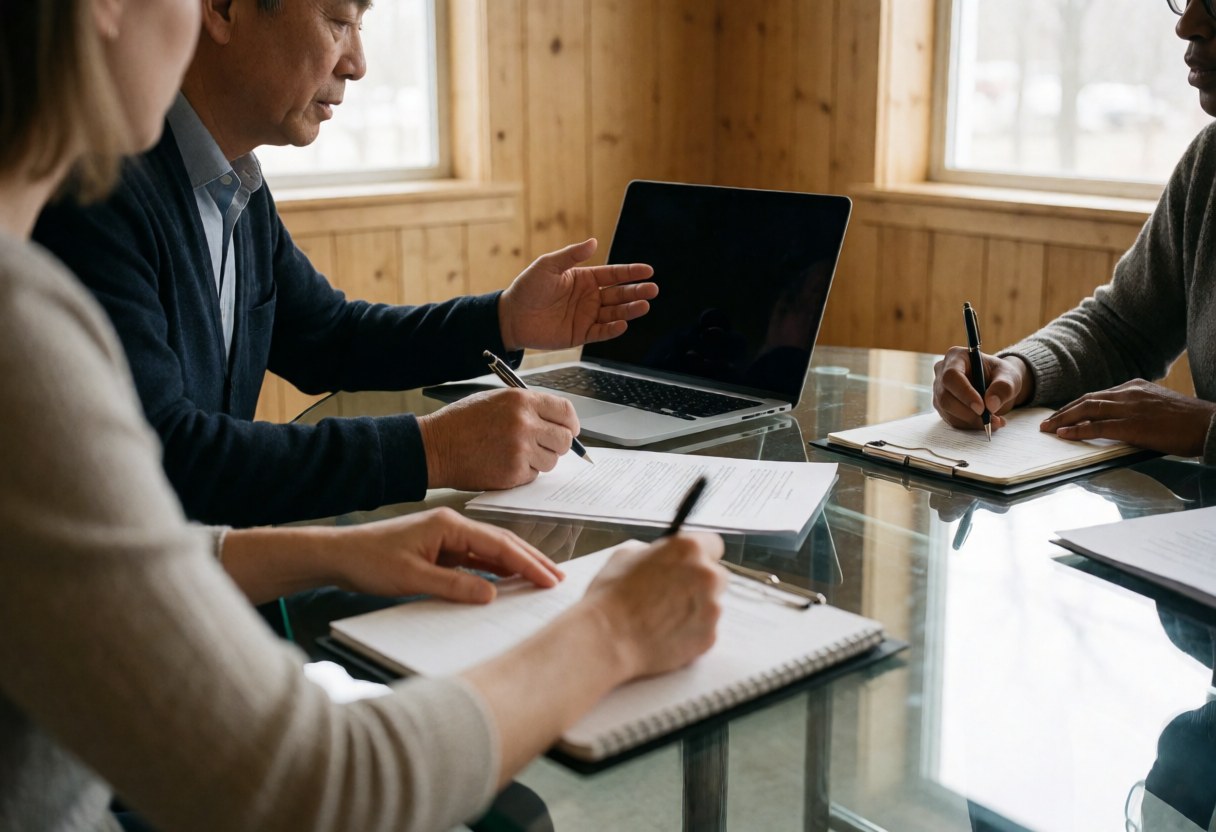 Three professionals in a team meeting reviewing documents and using a laptop on a glass table with natural light and wood walls