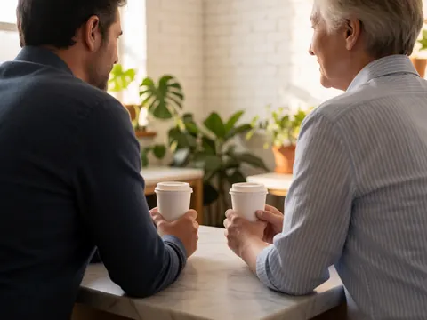 A close-up view of two people having an informal conversation at a marble table, with white coffee cups and green plants in the background of a modern office setting.