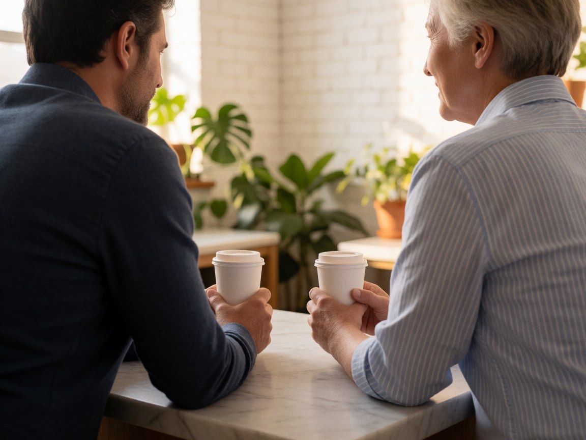 A close-up view of two people having an informal conversation at a marble table, with white coffee cups and green plants in the background of a modern office setting.