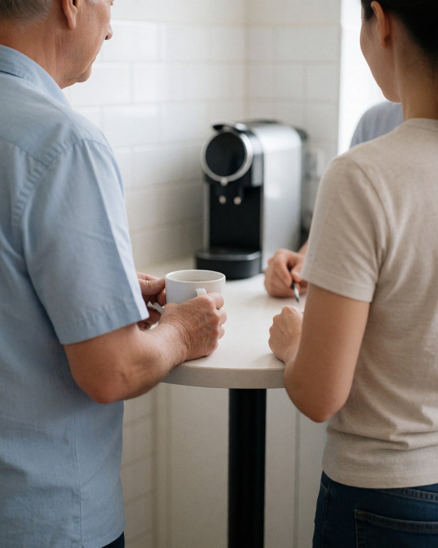 Two professionals of different ages converse at a round table with a coffee cup and machine in a casual kitchenette setting.