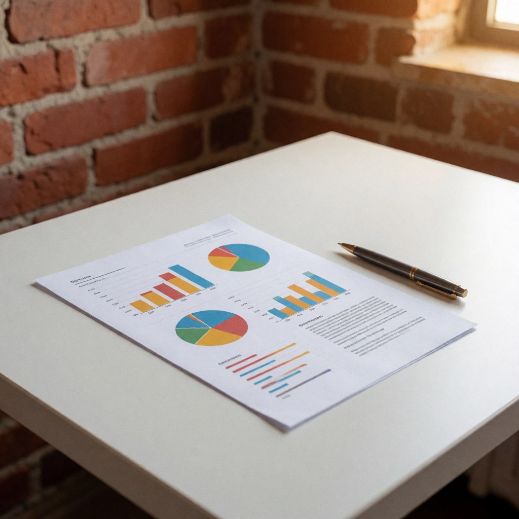 A printed business report featuring bar and pie charts lies on a modern office desk alongside a pencil, with natural light coming from a nearby window.
