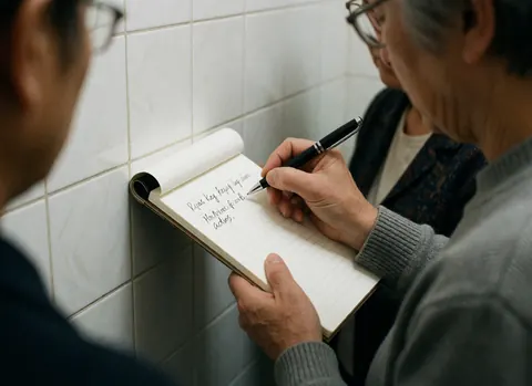 A close-up view of a person writing notes on paper during a business team meeting