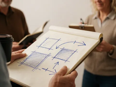 Close-up of a notebook with blue strategy diagrams, a black coffee cup, team meeting, white wall, warm professional lighting