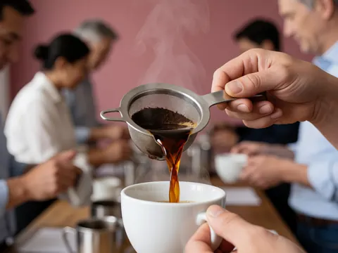 Detailed view of coffee being prepared for a team meeting, highlighting the brewing process and equipment used during business gatherings.