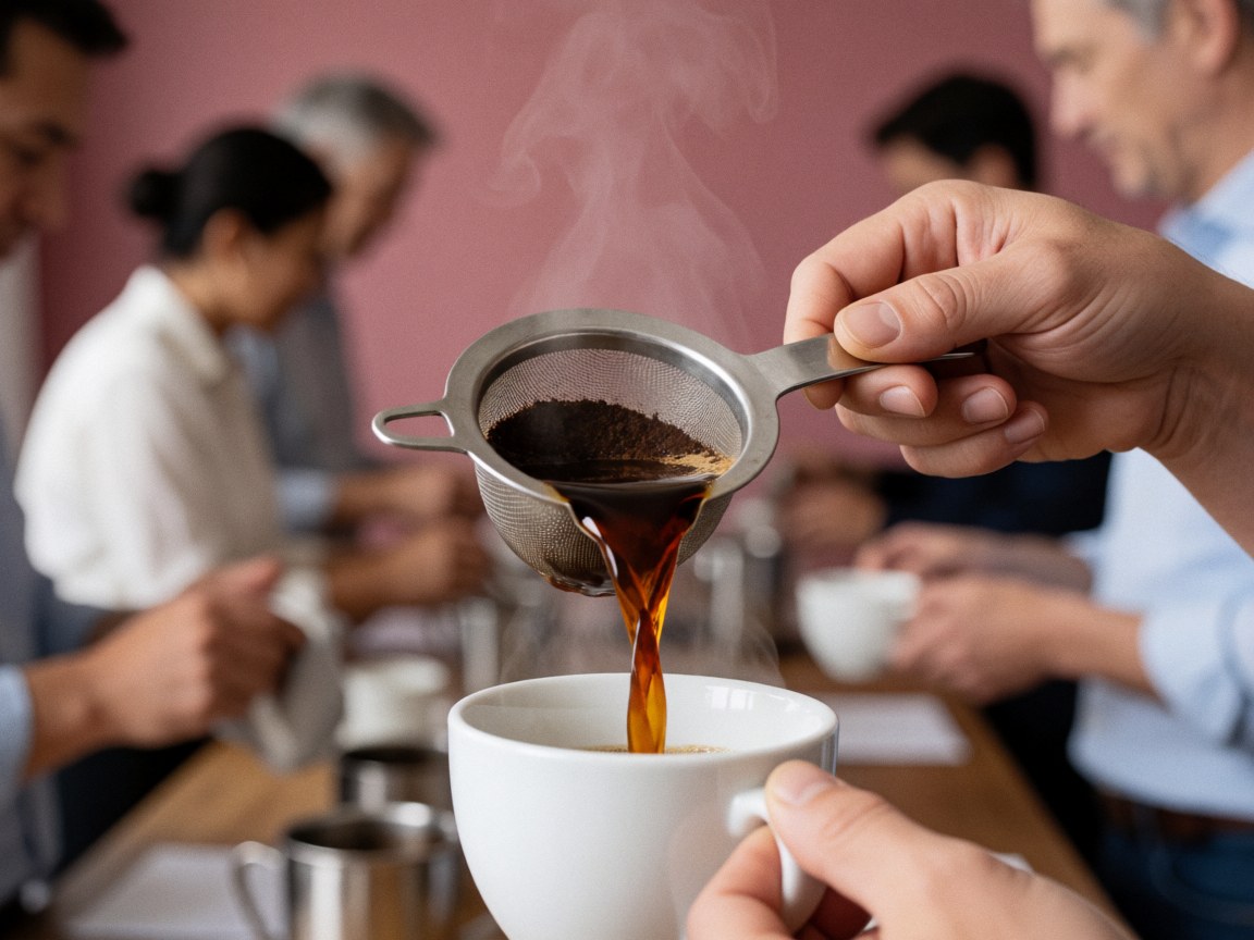 Detailed view of coffee being prepared for a team meeting, highlighting the brewing process and equipment used during business gatherings.