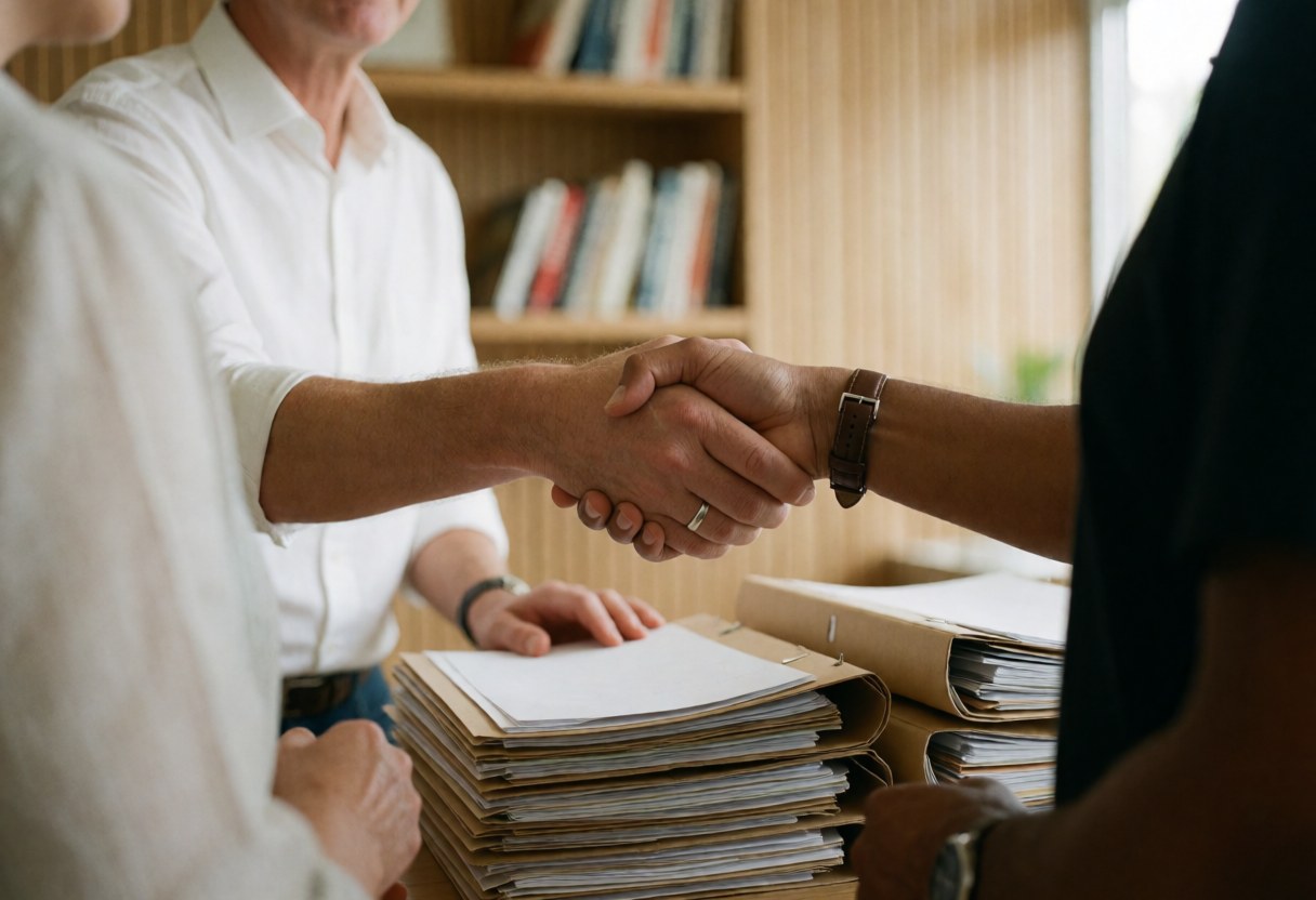 Two people shaking hands over document folders in an office with wooden walls and natural light, showing professional agreement and trust.