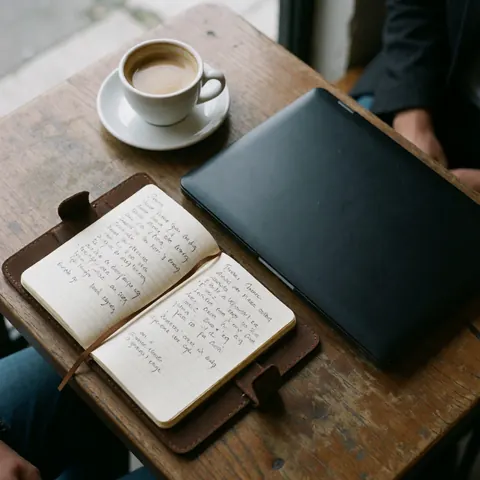 A wooden table in a cafe setting featuring an open notebook with notes, a black laptop, and a white coffee cup during a team meeting.