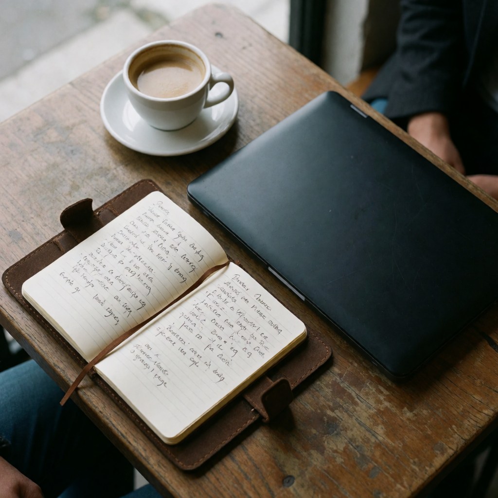 A wooden table in a cafe setting featuring an open notebook with notes, a black laptop, and a white coffee cup during a team meeting.