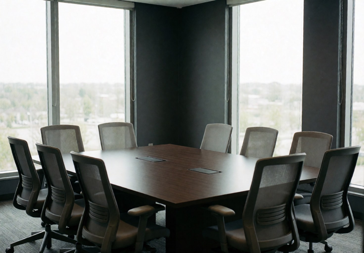 Modern conference room featuring a dark wood table, ergonomic chairs, large windows, and charcoal walls for team meetings.
