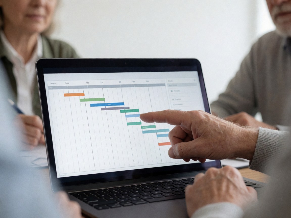 Close-up of an adult hand pointing to a Gantt chart on a laptop screen during a team meeting with blurred colleagues in the background