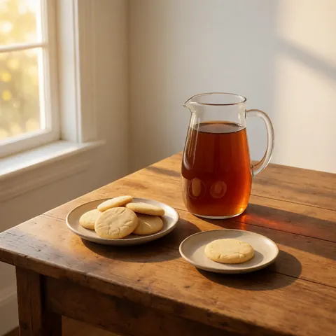 A teapot and cookies on a rustic wooden table illuminated by warm window light, perfect for team meetings or break times.