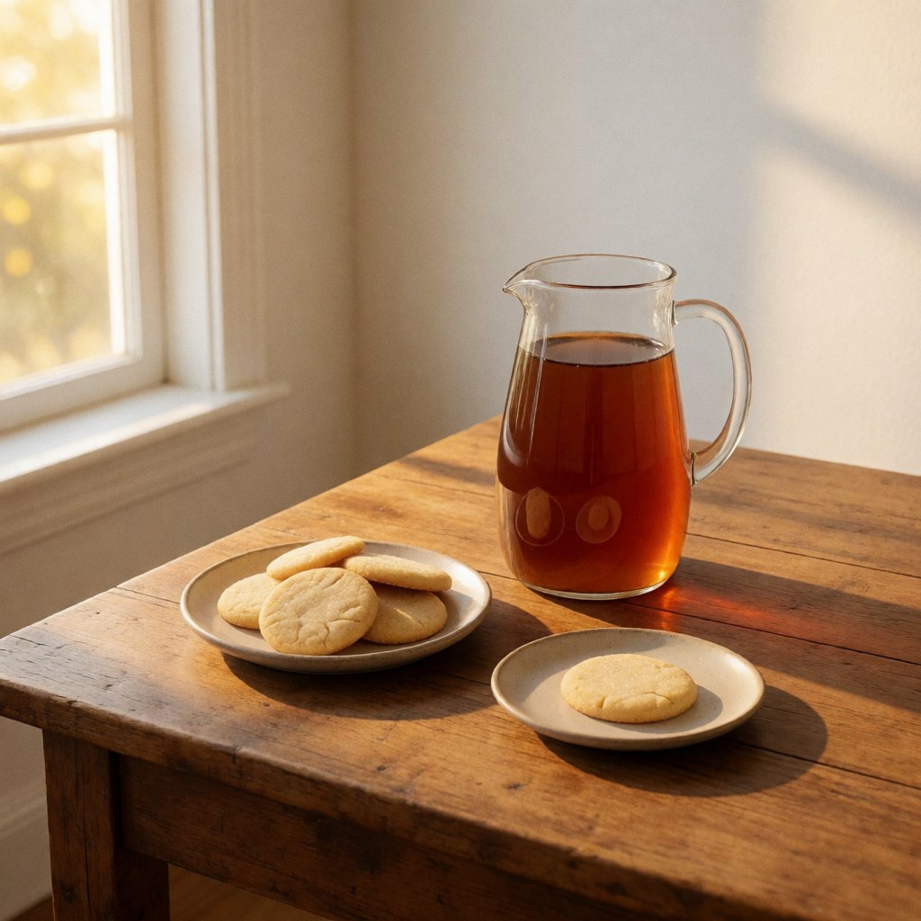 A teapot and cookies on a rustic wooden table illuminated by warm window light, perfect for team meetings or break times.