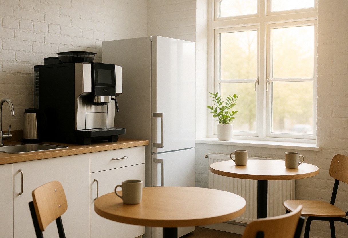 Team kitchen featuring a coffee maker, refrigerator, and round wooden tables with natural light from a window and white brick walls.