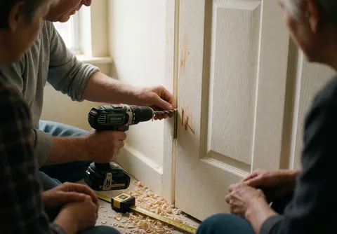 Three people working together to install a door knob on an interior door using a cordless drill, with light wood and sawdust on the floor.