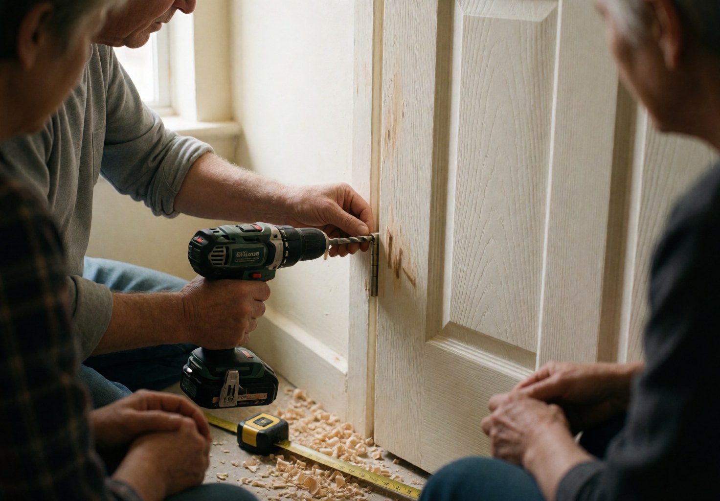 Three people working together to install a door knob on an interior door using a cordless drill, with light wood and sawdust on the floor.