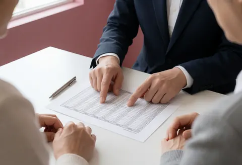 Close-up of hands pointing at spreadsheet data during a professional team meeting in an office with natural light and pink walls