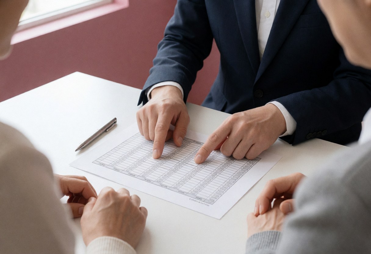 Close-up of hands pointing at spreadsheet data during a professional team meeting in an office with natural light and pink walls