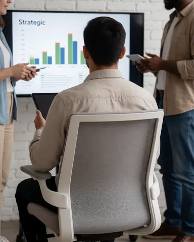 Business team reviewing a strategic data chart on a screen in a professional office with white brick walls and modern chairs