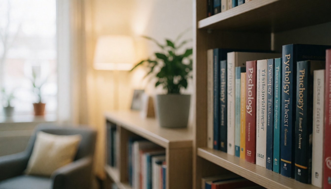 Soft focus background of a therapy office bookshelf filled with psychology textbooks and a small plant, creating a calm atmosphere for text overlay.