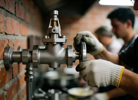 Detailed view of a stainless steel valve component in a professional commercial kitchen setting, highlighting metallic texture and industrial design.