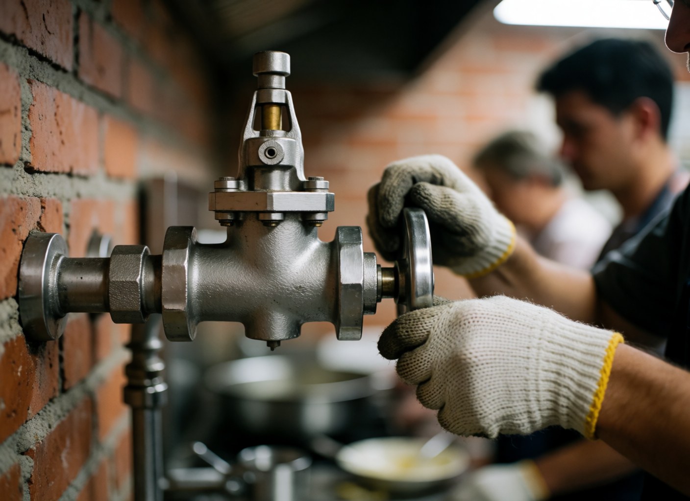Detailed view of a stainless steel valve component in a professional commercial kitchen setting, highlighting metallic texture and industrial design.