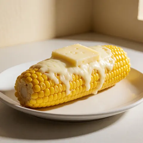 A white plate holding a serving of boiled corn on the cob generously covered with melted cheese, representing traditional South American cuisine.