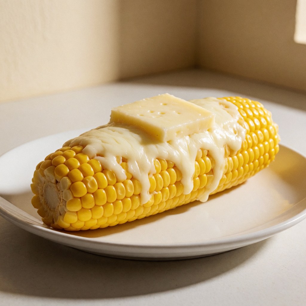A white plate holding a serving of boiled corn on the cob generously covered with melted cheese, representing traditional South American cuisine.