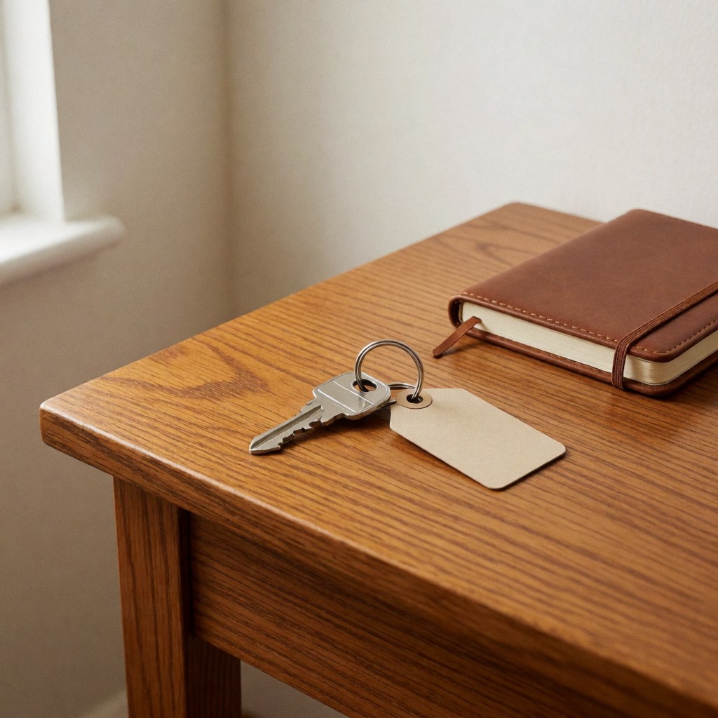 Silver house key with beige tag resting on a polished wooden desk next to a brown leather notebook under soft morning light.