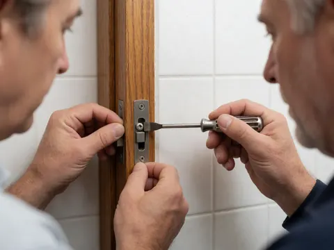 Detailed view of a professional worker's hands using a screwdriver to install or repair a metal door latch on a wooden surface.