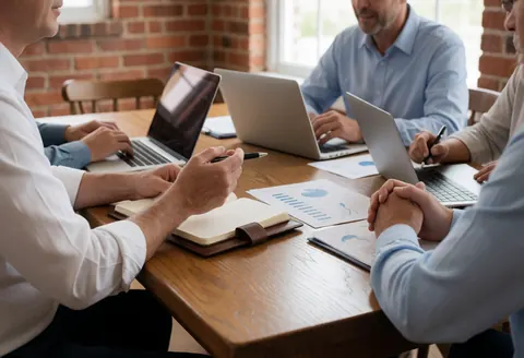 Four professionals seated at a wooden table with laptops, documents, and charts in a brick-walled office setting.