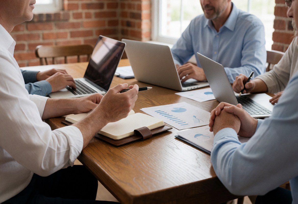 Four professionals seated at a wooden table with laptops, documents, and charts in a brick-walled office setting.