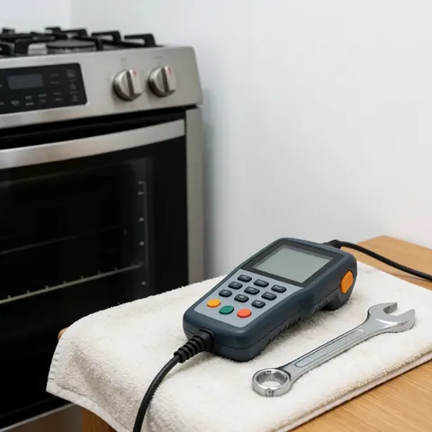 An assortment of professional tools, diagnostic devices, and maintenance equipment arranged on a clean surface in a commercial kitchen setting