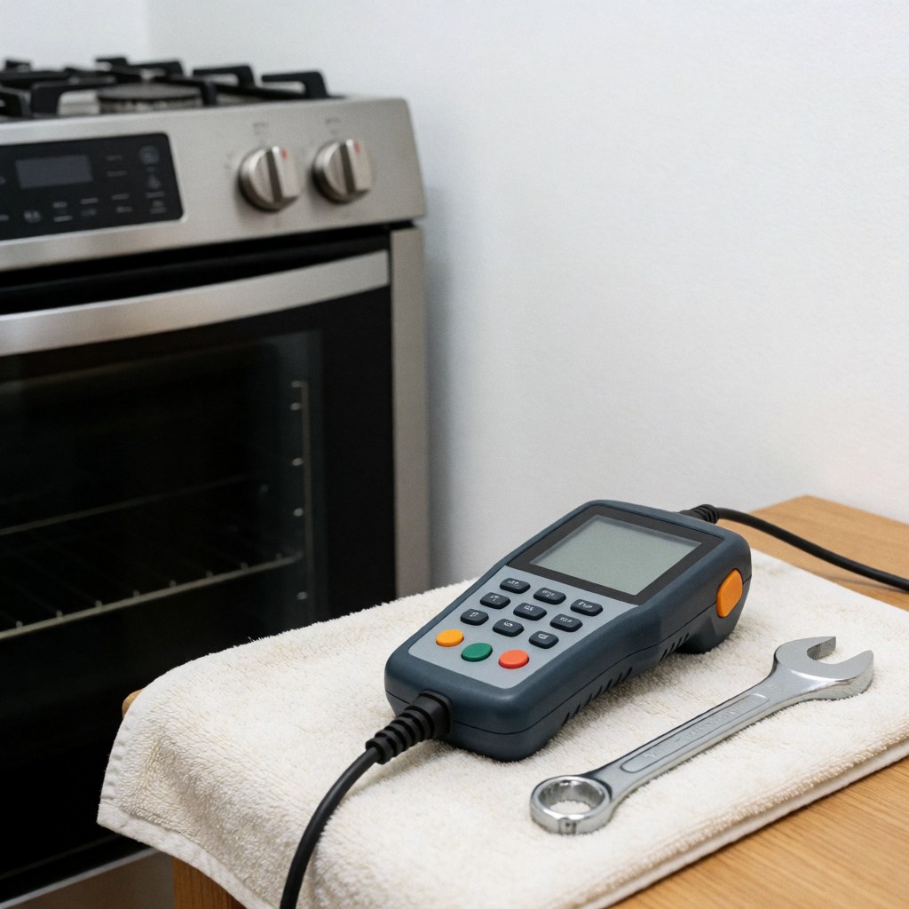 An assortment of professional tools, diagnostic devices, and maintenance equipment arranged on a clean surface in a commercial kitchen setting