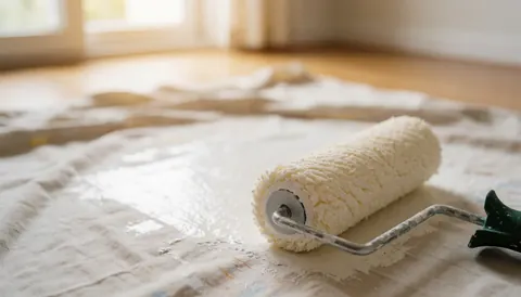A paint roller resting on a protective drop cloth spread over a wooden floor, providing a warm-toned background suitable for professional painting services.