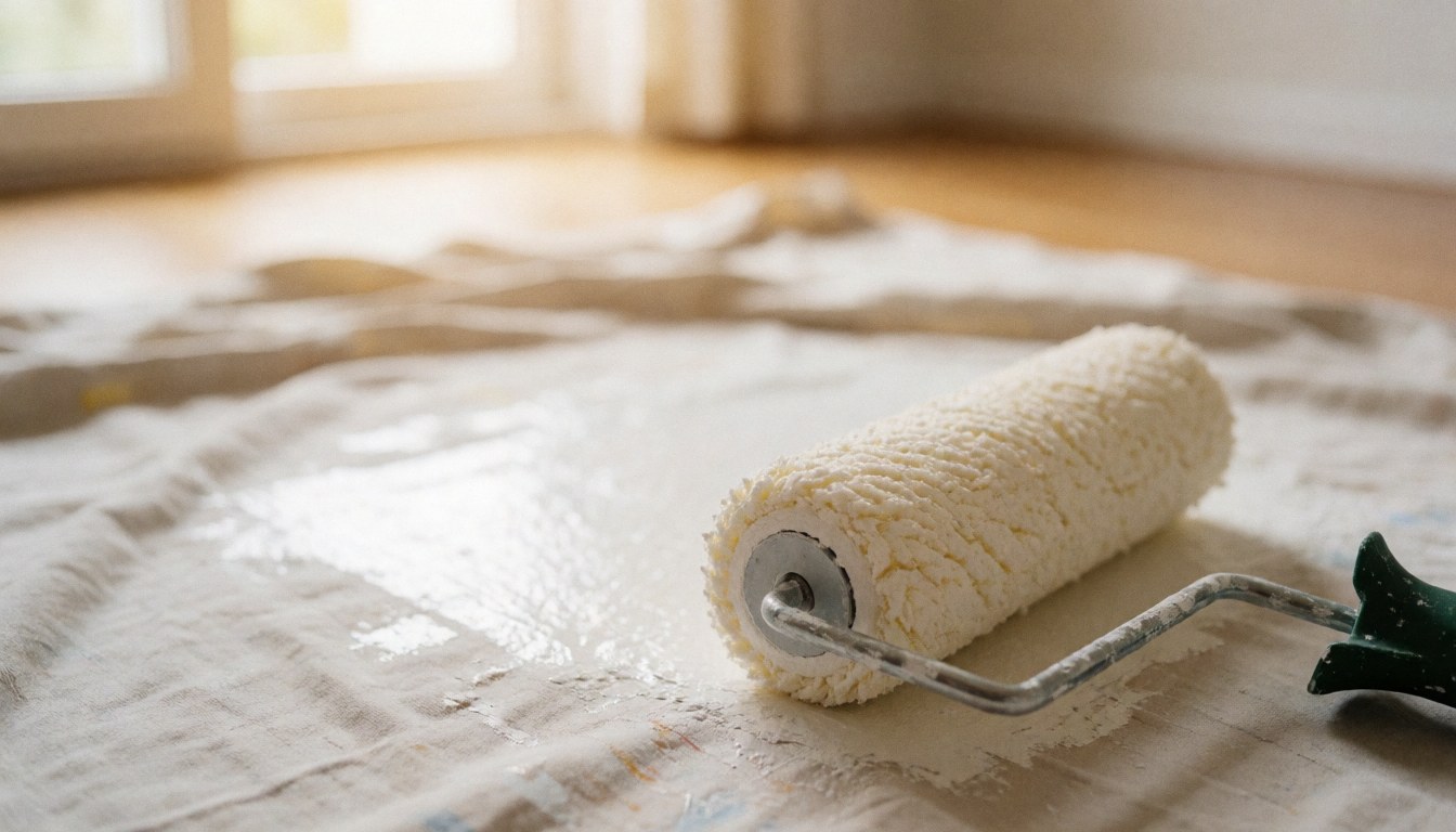 A paint roller resting on a protective drop cloth spread over a wooden floor, providing a warm-toned background suitable for professional painting services.