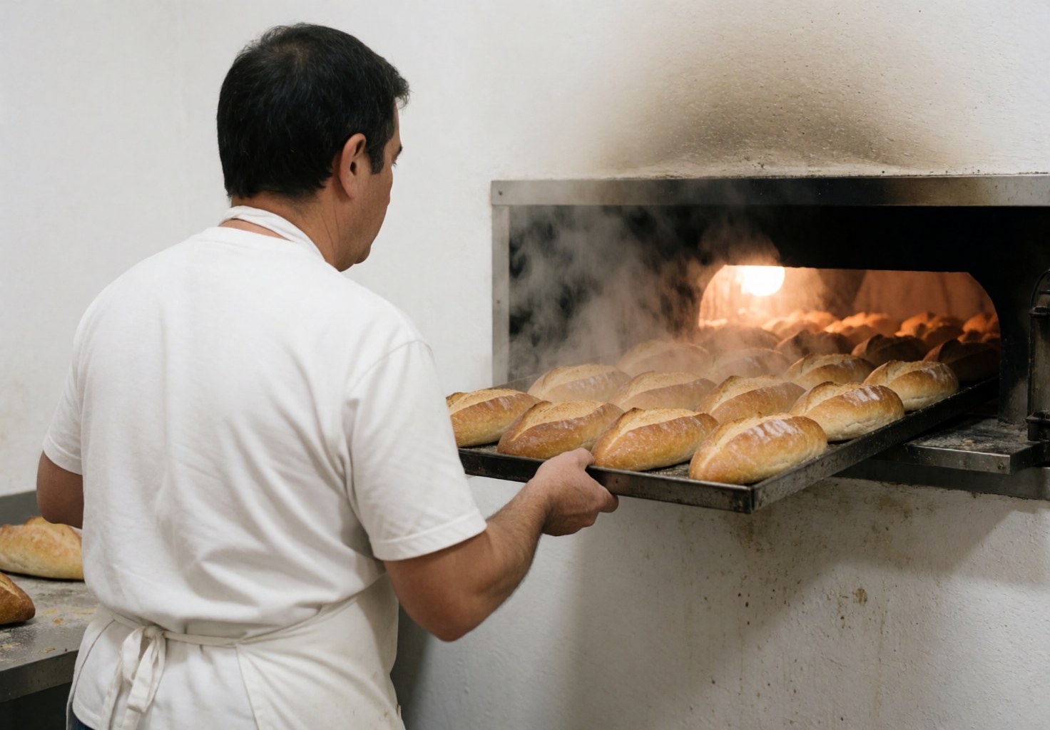 A baker lifts a metal tray of freshly baked bolillo rolls from a hot industrial oven, with steam rising in a white-walled bakery setting.