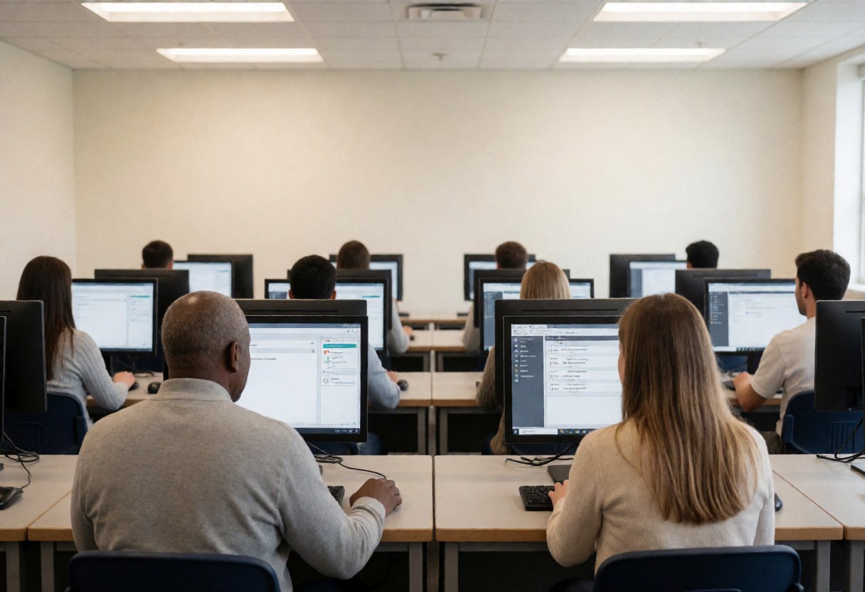 Students working on computers in a university lab, with visible screens and an academic atmosphere.