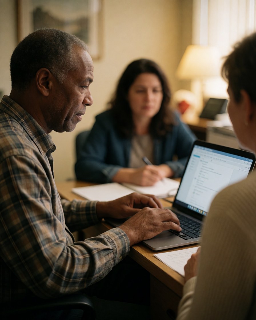 Senior man using a laptop in an office setting with a colleague, demonstrating teamwork and professional collaboration in a warm, realistic environment.