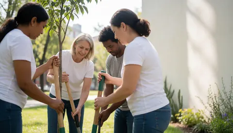 Four volunteers plant a young tree in a sunny park with tools, leaving space on the right for text.