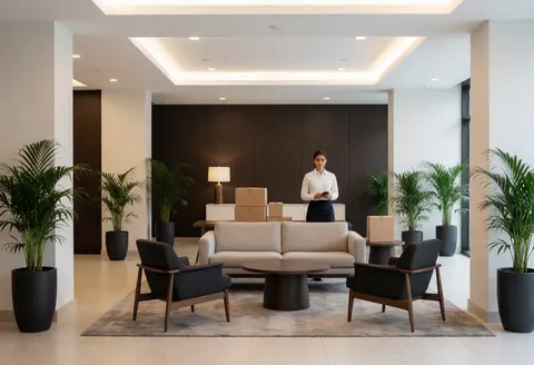 A modern hotel lobby interior featuring decorative plants, seating areas, and elegant architectural details in neutral tones.