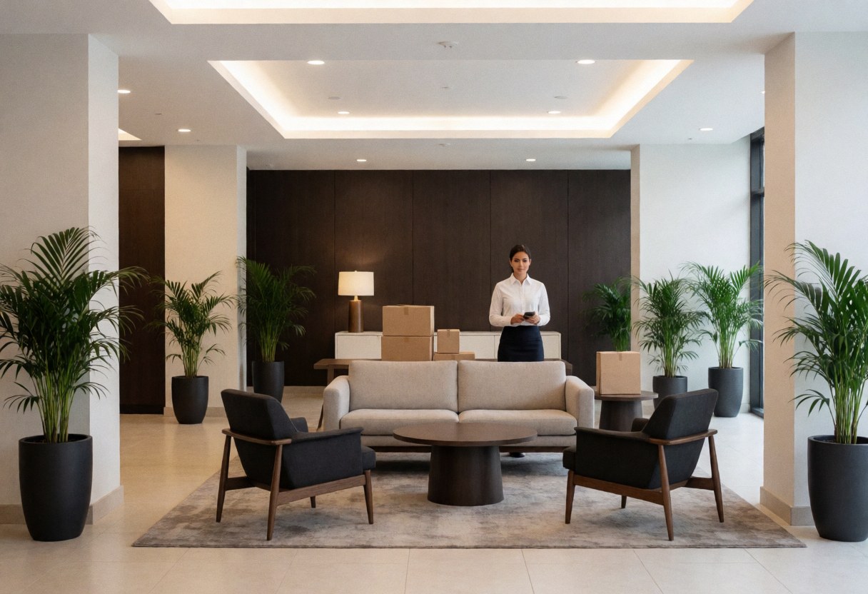 A modern hotel lobby interior featuring decorative plants, seating areas, and elegant architectural details in neutral tones.