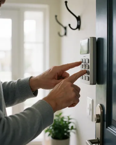 A hand presses a security alarm keypad near a door, with hangers and a plant visible in the background of this home interior.