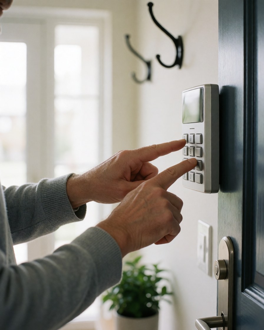 A hand presses a security alarm keypad near a door, with hangers and a plant visible in the background of this home interior.