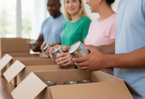 A group of volunteers working together to sort and organize boxes and cans of donated food in a community center.