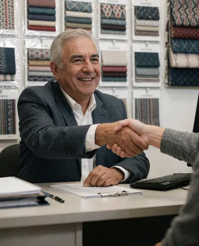 A smiling furniture salesperson shakes hands with a client in an office setting, with a fabric catalog and documents visible on the desk.