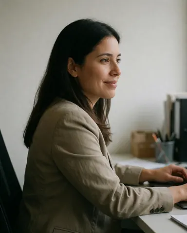 A smiling businesswoman in a blazer working on a computer in an office setting, representing a marketing team.