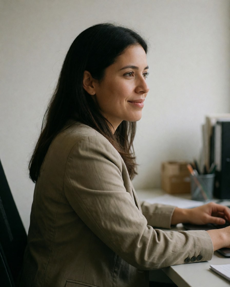 A smiling businesswoman in a blazer working on a computer in an office setting, representing a marketing team.