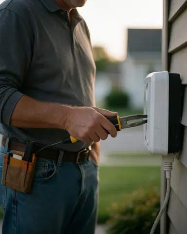 A man installs a security system on a house wall using tools in a quiet suburban garden at sunset