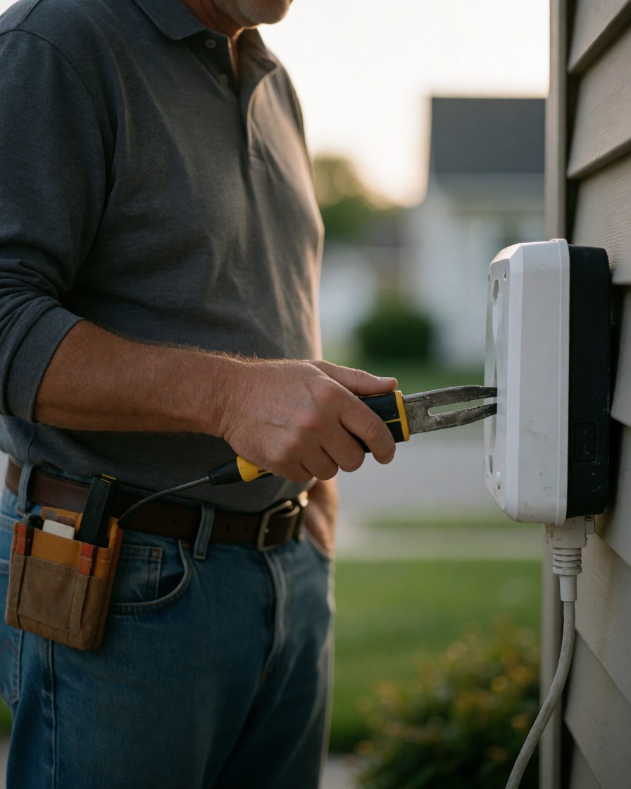 A man installs a security system on a house wall using tools in a quiet suburban garden at sunset