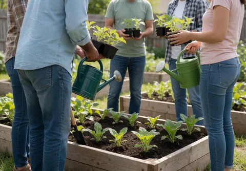 A group of diverse people working together to plant vegetables in wooden raised garden beds at an outdoor community garden on a sunny day
